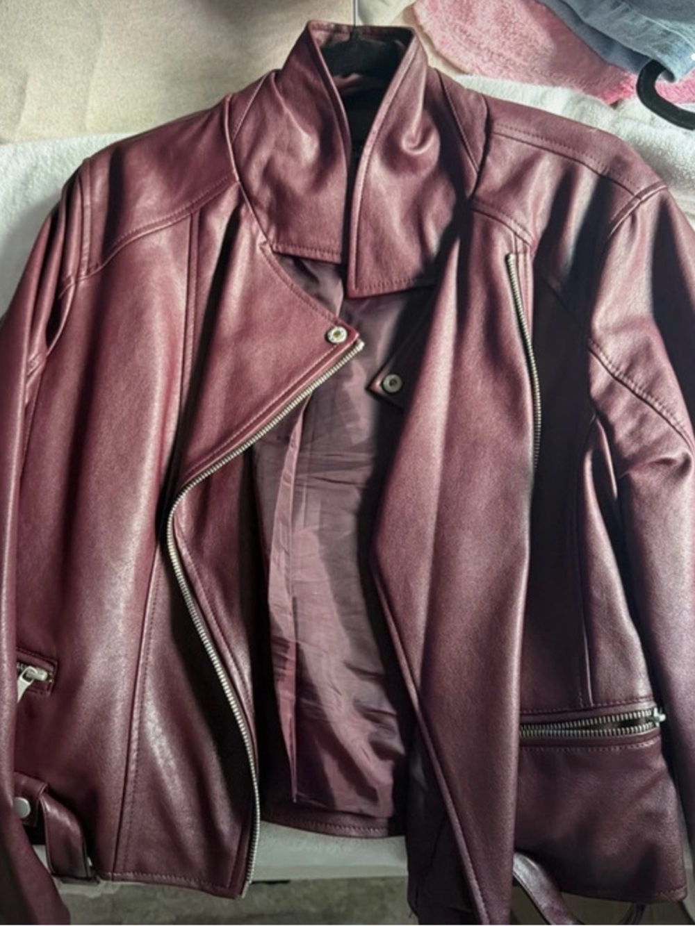 Burgundy Faux Leather Moto Jacket – Size L – Excellent Condition